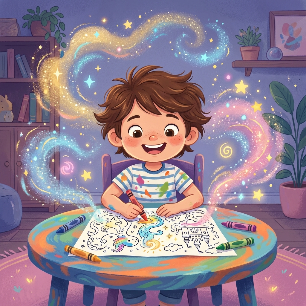 Kind malt ein magisches Ausmalbild